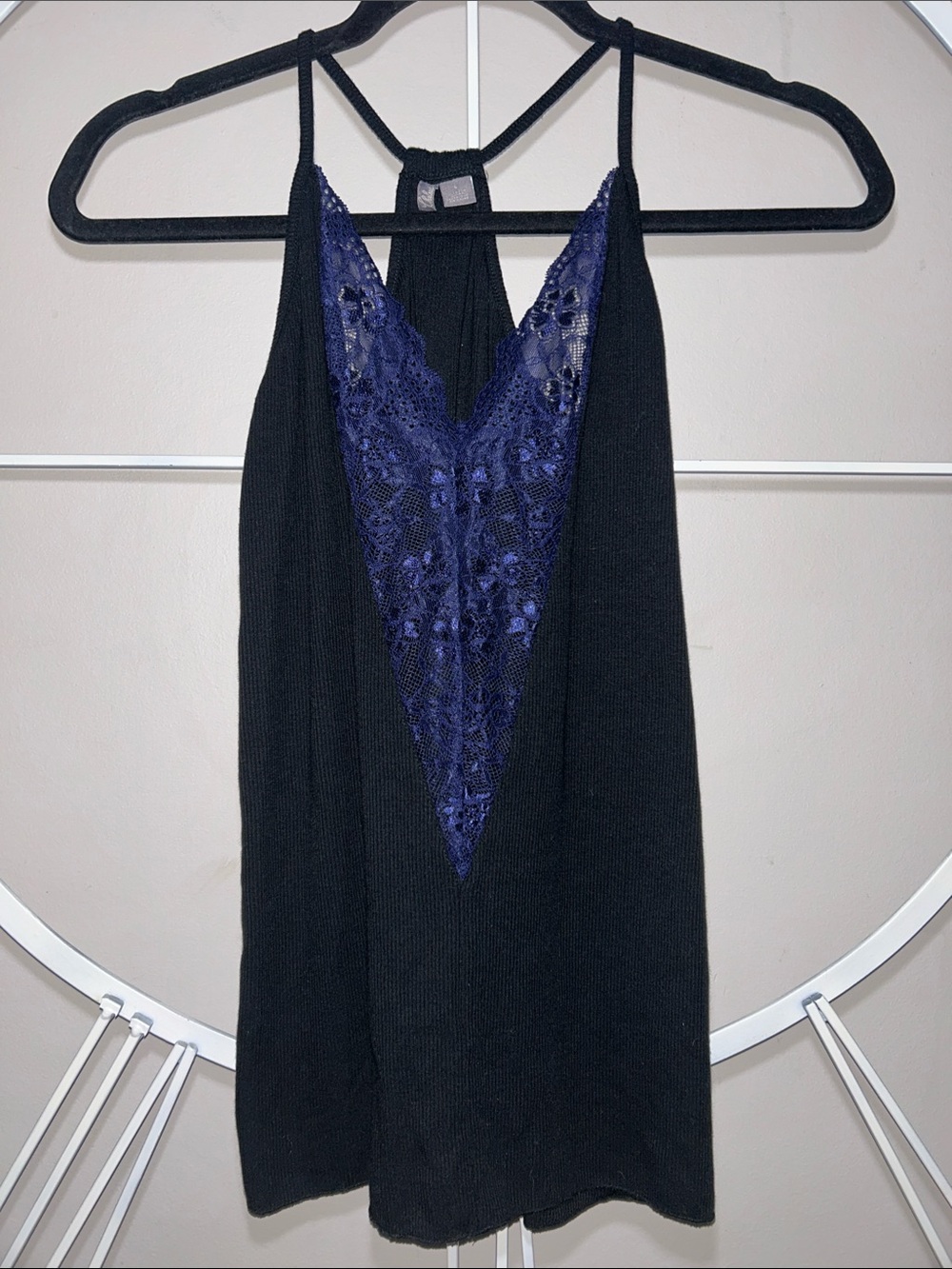 Chelsea28 Black Tank Top with Navy Lace Inset